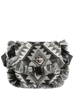 Boho Chic Crochet Fringe Flap Saddle Crossbody Bag CY016 BLACK
